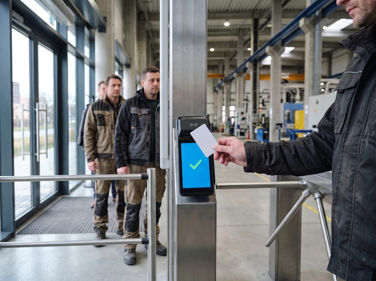 Zmiana w zakładzie produkcyjnym: pracownik odbija kartę przy terminalu NFC przy kołowrocie