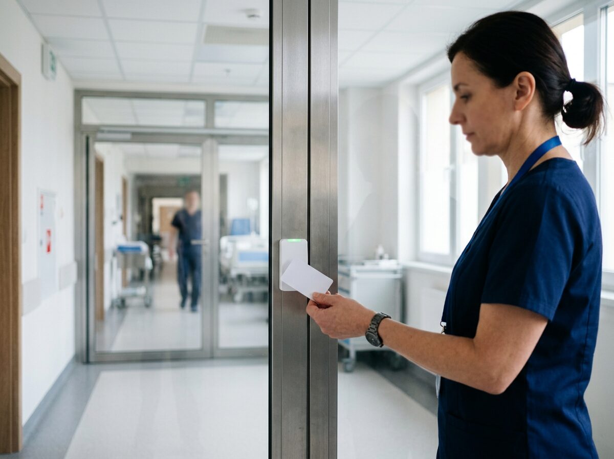 Pielęgniarka odbija kartę na czytniku przy wejściu na oddział