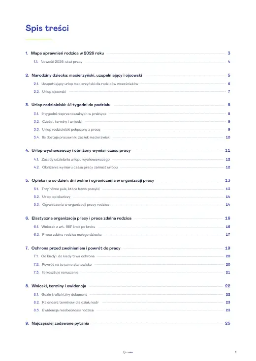 Strona 2 e-booka „Rodzic w pracy: urlopy, elastyczna organizacja pracy i ochrona” (fragment)