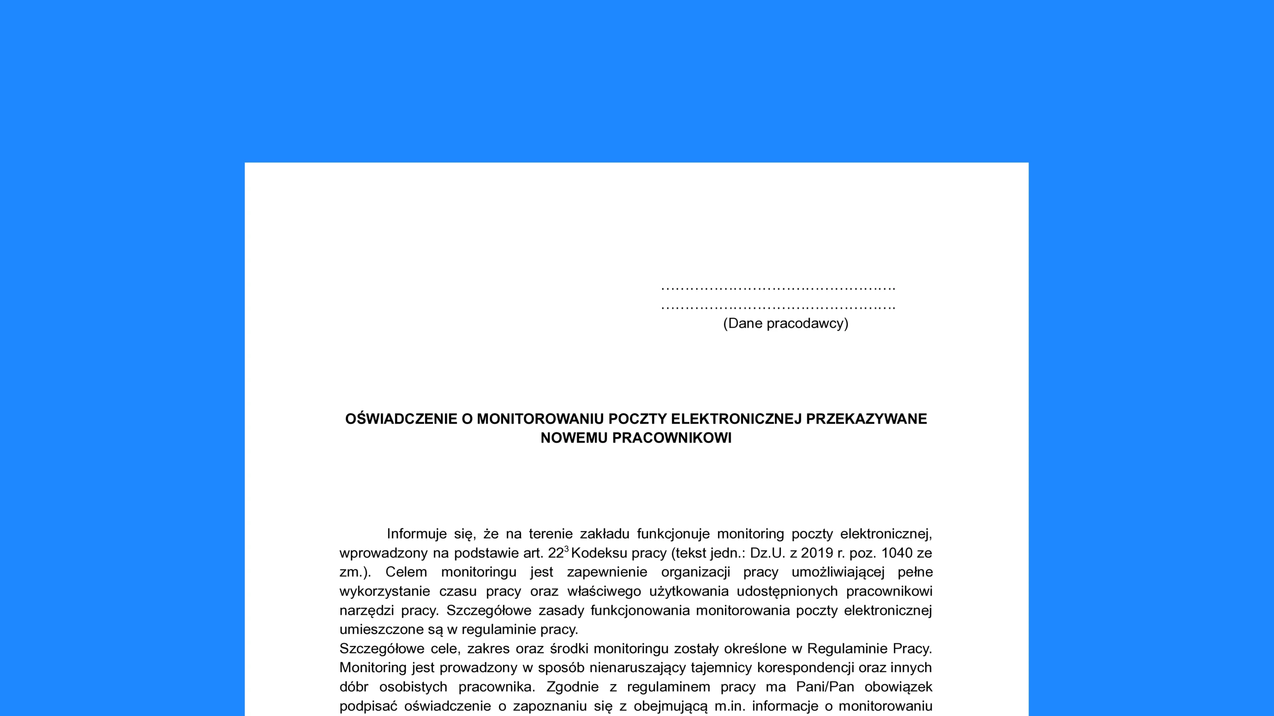Oświadczenie o monitorowaniu poczty elektronicznej - darmowy wzór do pobrania