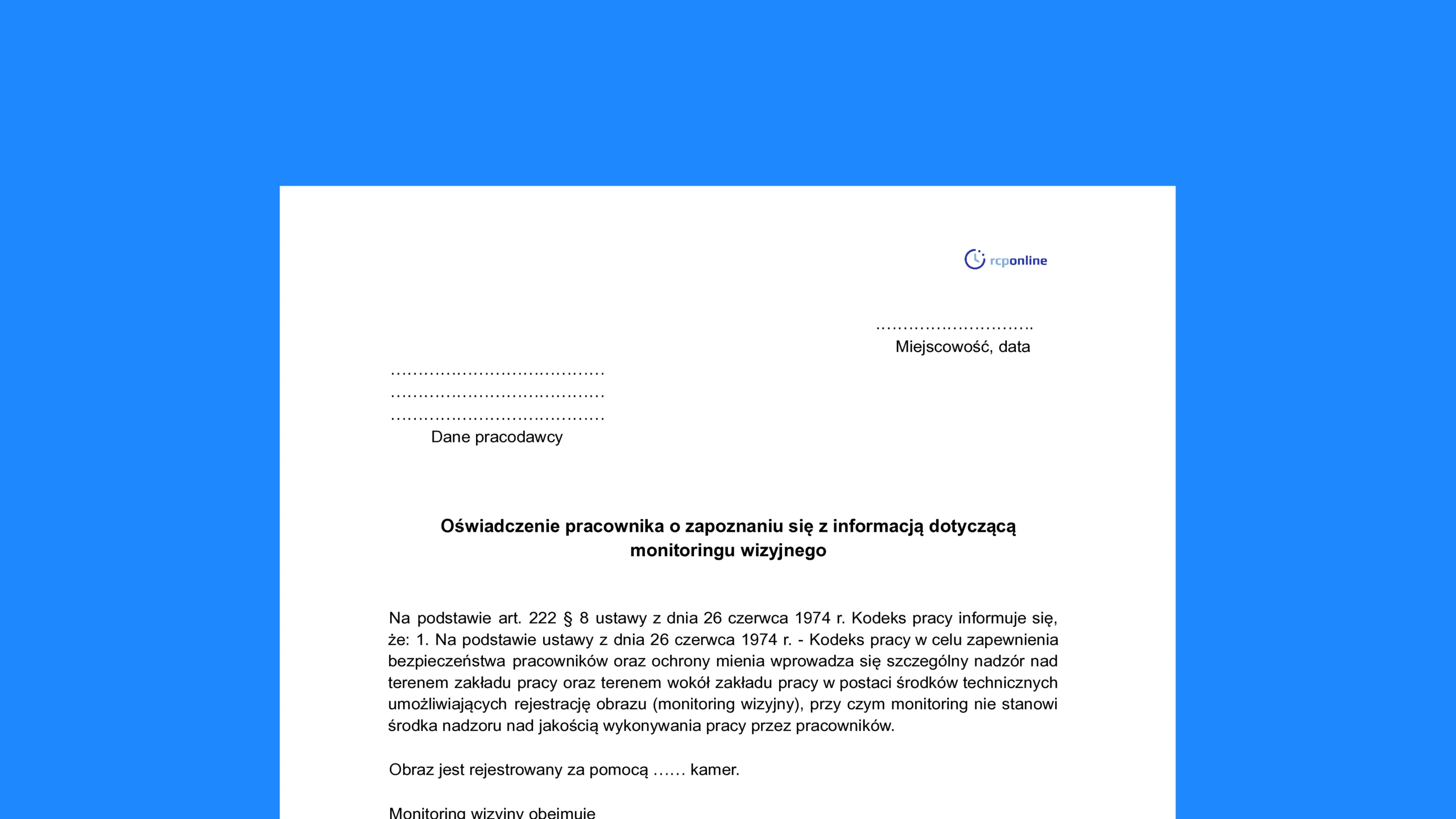 Oświadczenie pracownika o zapoznaniu się z informacją dotyczącą monitoringu wizyjnego - darmowy wzór do pobrania