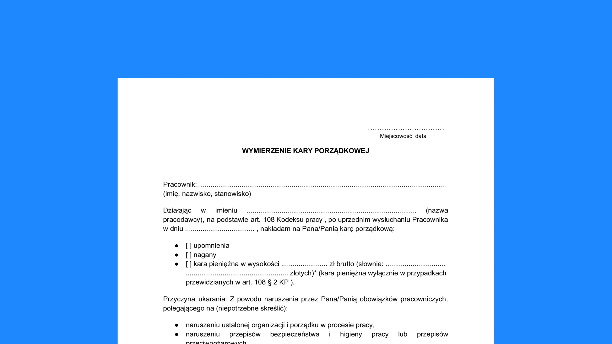 Wzór nagany dla pracownika (wymierzenie kary porządkowej) - darmowy wzór do pobrania