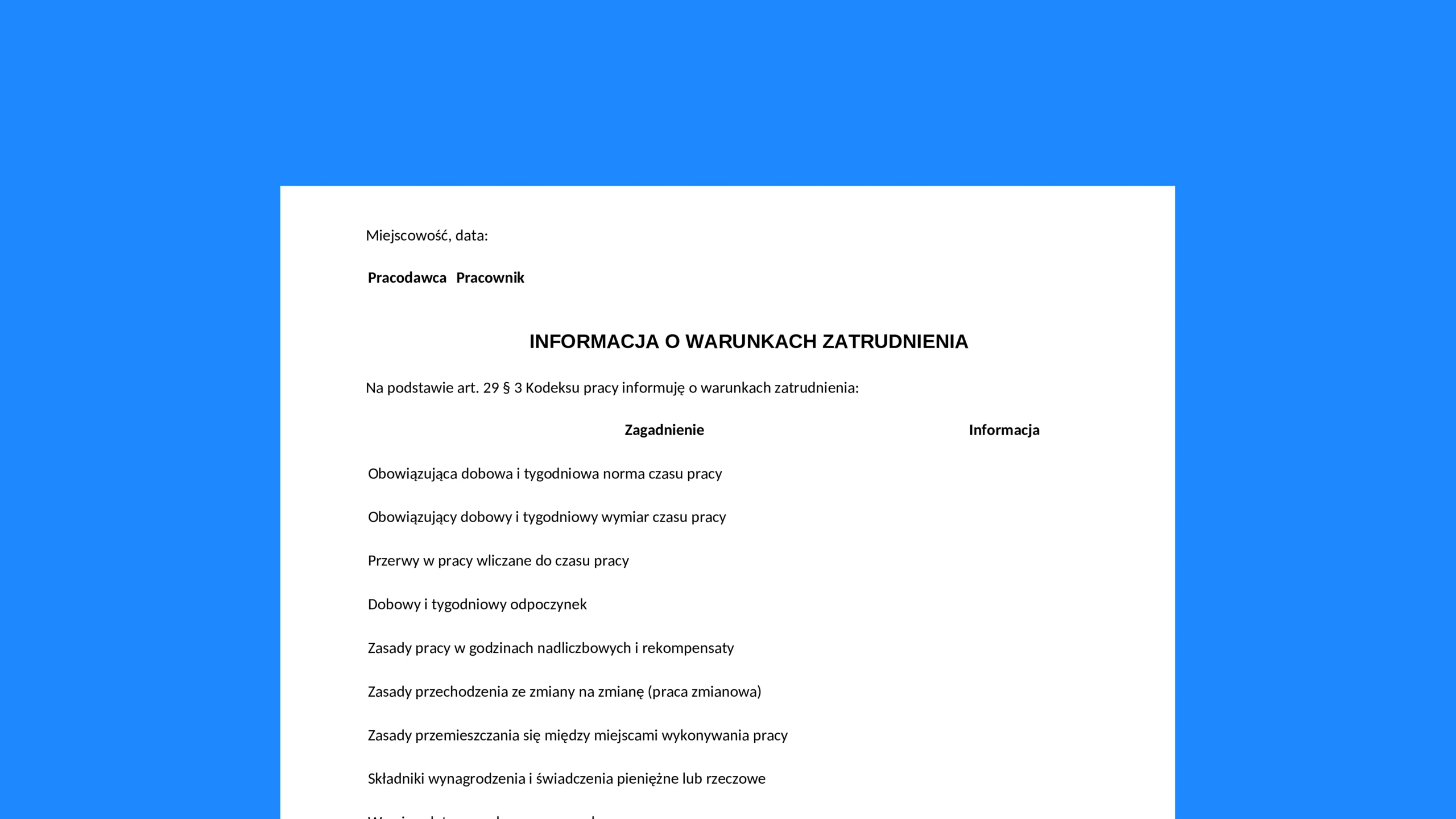 Informacja o warunkach zatrudnienia - darmowy wzór do pobrania