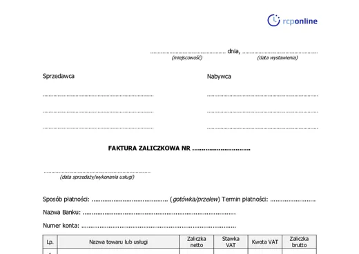 Faktura zaliczkowa  - darmowy wzór do pobrania