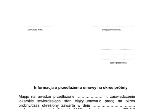 Informacja o przedłużeniu umowy z mocy prawa do dnia porodu - darmowy wzór