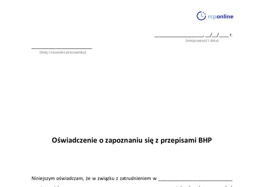Oświadczenie BHP - darmowy wzór do pobrania