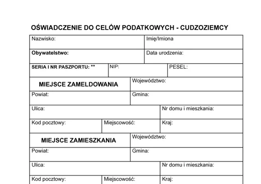 Oświadczenie dla cudzoziemców do celów podatkowych - darmowy wzór