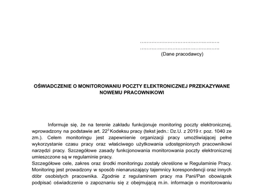 Oświadczenie o monitorowaniu poczty elektronicznej - darmowy wzór do pobrania
