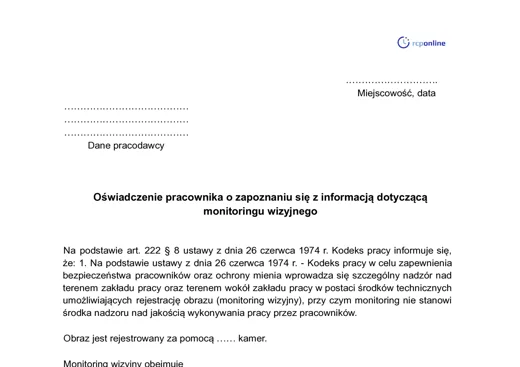 Oświadczenie pracownika o zapoznaniu się z informacją dotyczącą monitoringu wizyjnego - darmowy wzór do pobrania