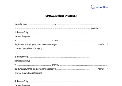 Umowa spółki cywilnej  - darmowy wzór do pobrania