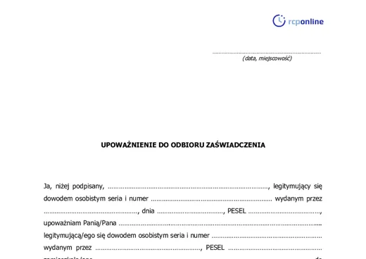 Upoważnienie do odbioru zaświadczenia  - darmowy wzór do pobrania
