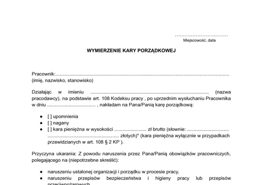 Wzór nagany dla pracownika (wymierzenie kary porządkowej) - darmowy wzór do pobrania