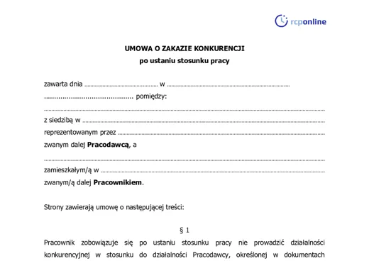 Zakaz konkurencji umowa - darmowy wzór do pobrania