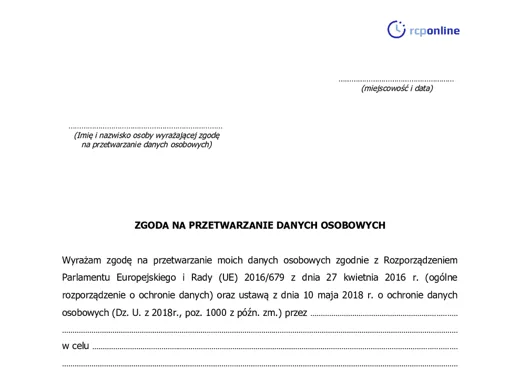 Zgoda na przetwarzanie danych osobowych - darmowy wzór do pobrania