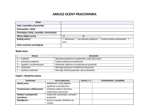 Arkusz oceny pracownika - darmowy wzór do pobrania