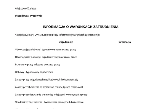 Informacja o warunkach zatrudnienia - darmowy wzór do pobrania