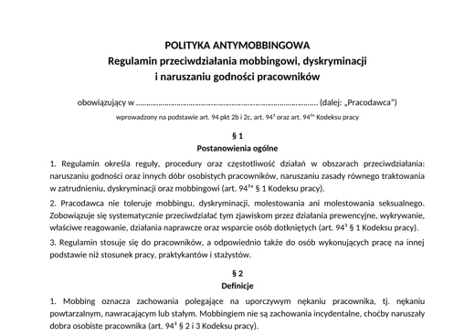 Polityka antymobbingowa - darmowy wzór regulaminu