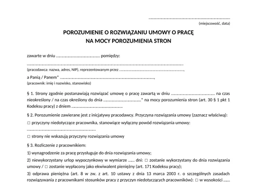 Rozwiązanie umowy o pracę za porozumieniem stron - darmowy wzór do pobrania