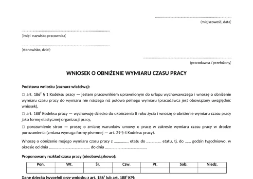 Wniosek o obniżenie wymiaru czasu pracy - darmowy wzór do pobrania