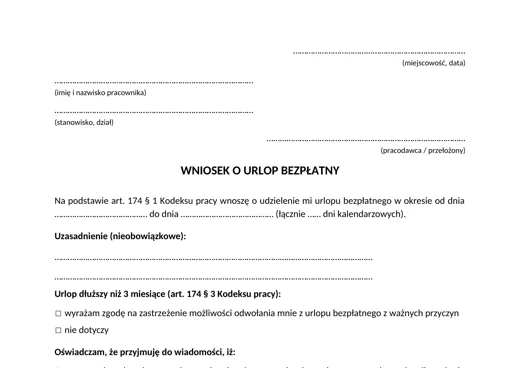 Wniosek o urlop bezpłatny - darmowy wzór do pobrania