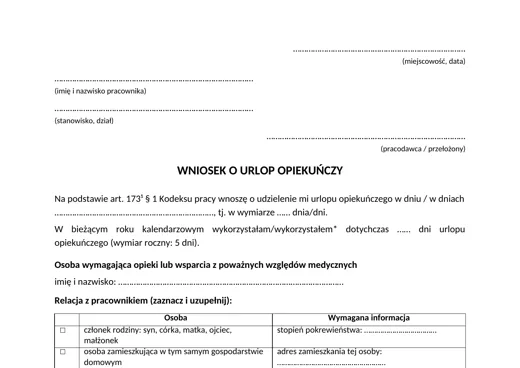 Wniosek o urlop opiekuńczy - darmowy wzór do pobrania