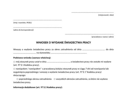 Wniosek o wydanie lub sprostowanie świadectwa pracy - darmowy wzór