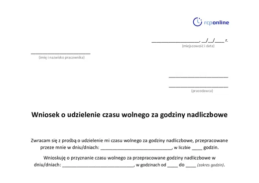 Wniosek o odbiór godzin nadliczbowych  - darmowy wzór do pobrania