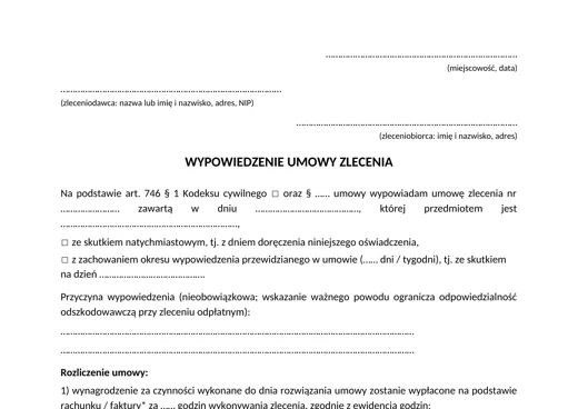 Wypowiedzenie umowy zlecenia - darmowy wzór do pobrania