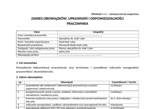 Zakres obowiązków pracownika - darmowy wzór do pobrania