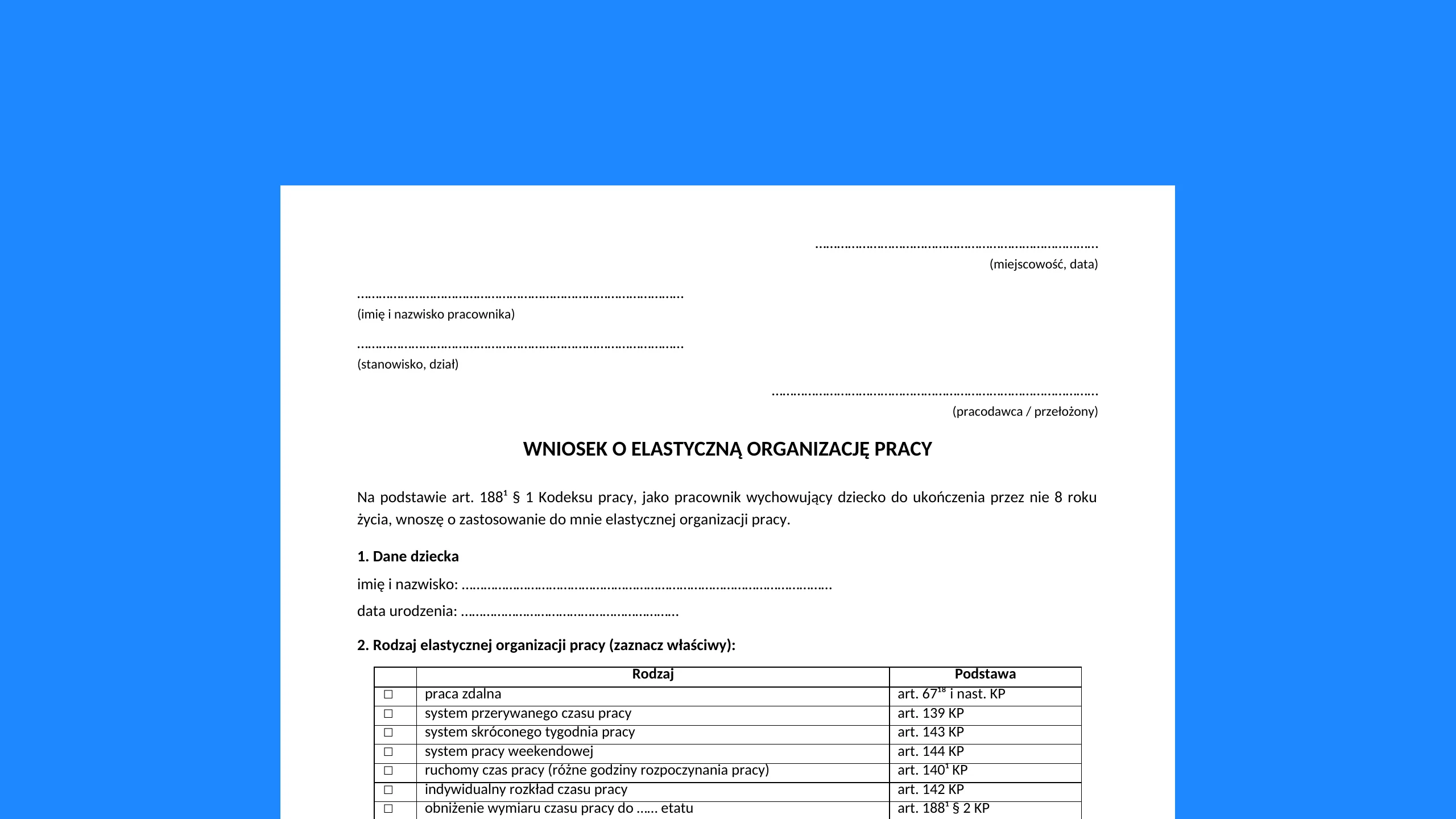 Wniosek o elastyczną organizację pracy - darmowy wzór do pobrania
