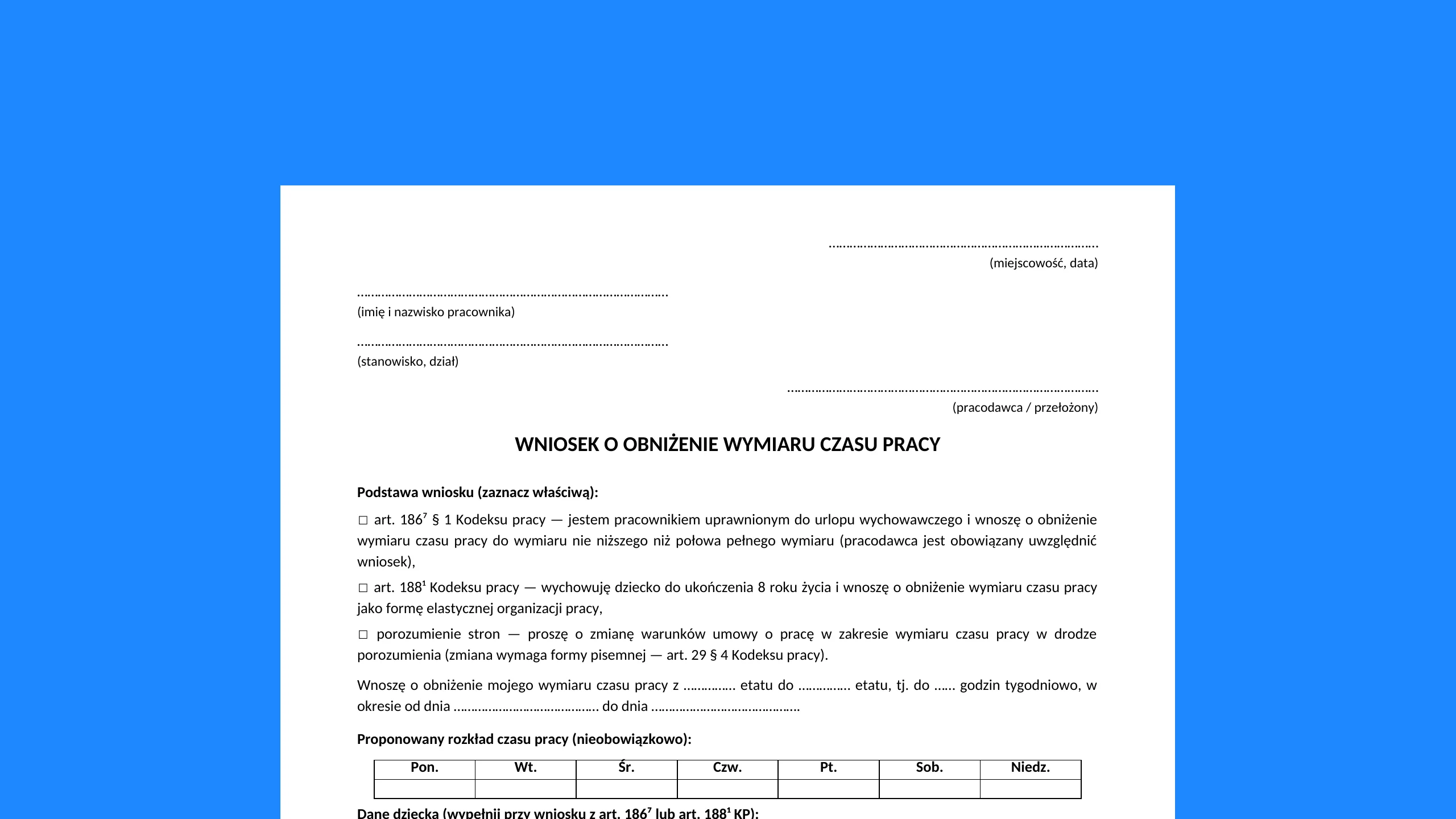 Wniosek o obniżenie wymiaru czasu pracy - darmowy wzór do pobrania