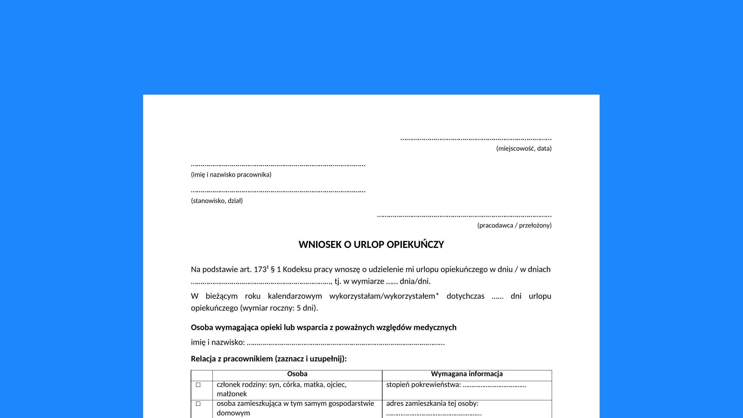 Wniosek o urlop opiekuńczy - darmowy wzór do pobrania